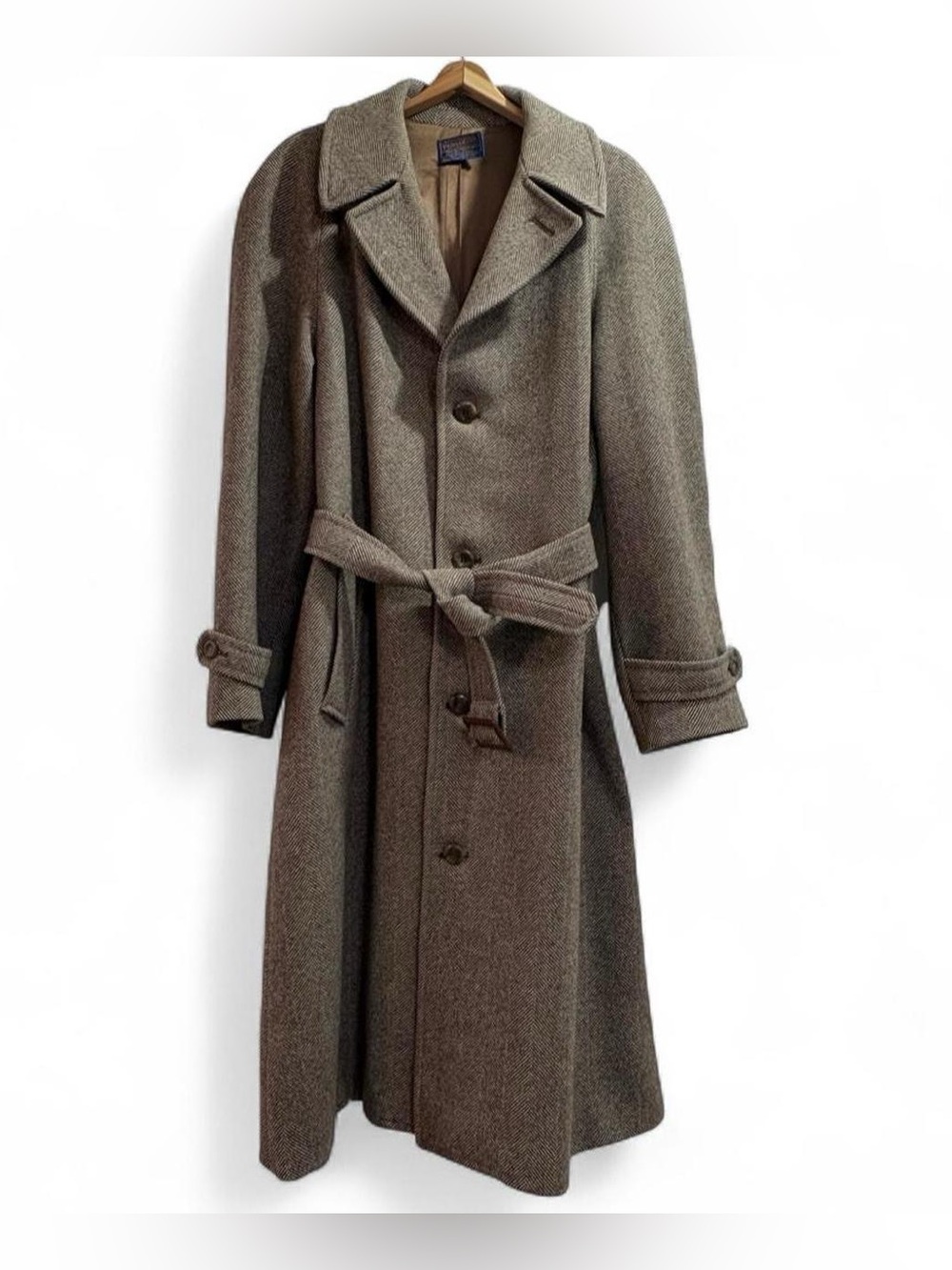Vintage Pendleton Men’s Brown Wool Trench Coat Herringbone Long Large 44 Belted